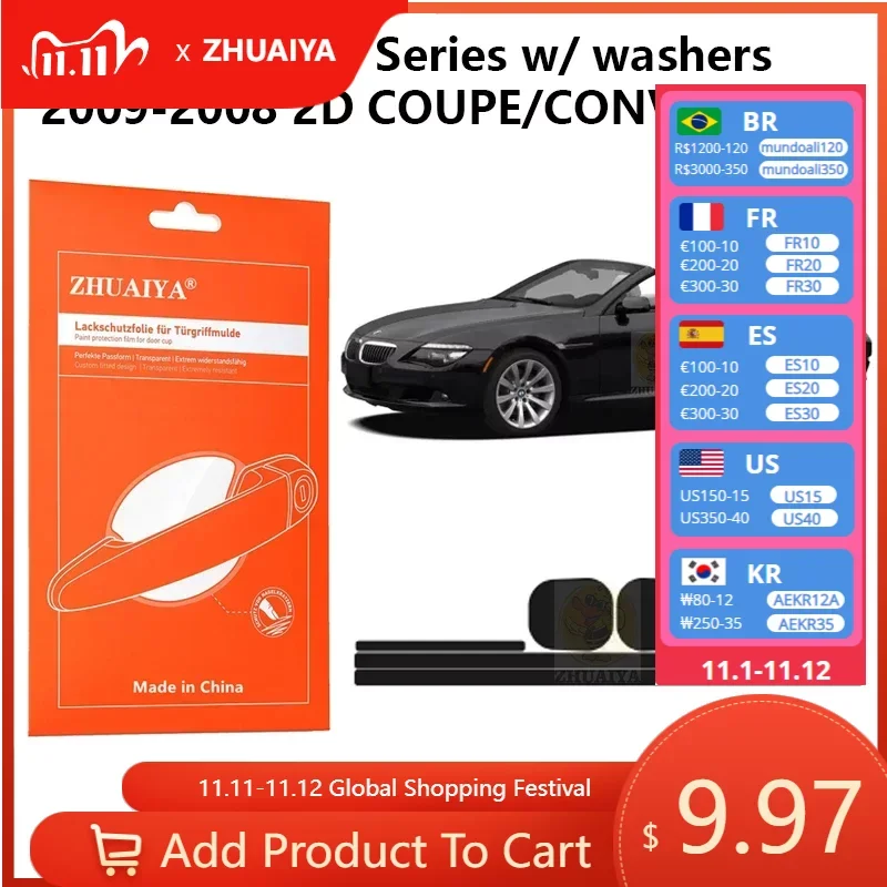 

Защитная пленка ZHUAIYA для красок дверных ручек, защитная пленка из ТПУ для BMW серий 6 w/ washers2009-2008 2D COUPE/CONVERTIBLE