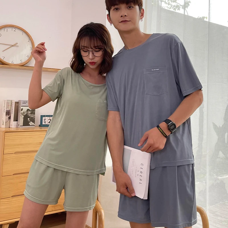 Summer Couple Pajamas Sets Solid Sleepwear Summer Short Sleeve Tops + Shorts Loungewear Plus Size Male Nightwear Pyjamas Suit