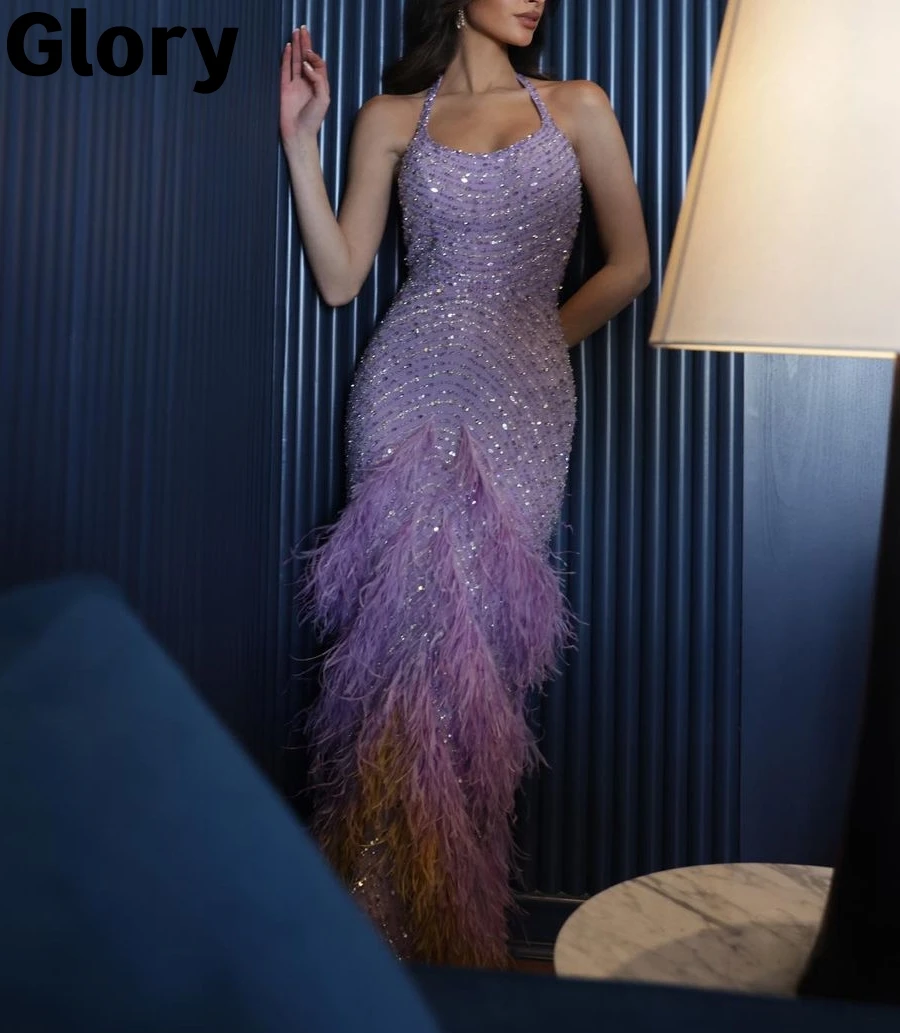 

Purple Luxury Evening Dresses Beads Halter Backless Mermaid With Feathers Prom Dresses 2023 Customizable فساتين مناسبة رسمية