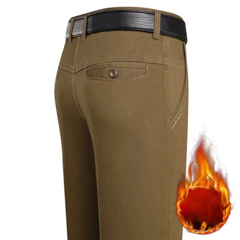 

Winter Warm Fleece Men's Classic Pant Autumn Thick Cotton Casual Bland High Waist Trousers Business Office Cargo Pants YYQWSJ