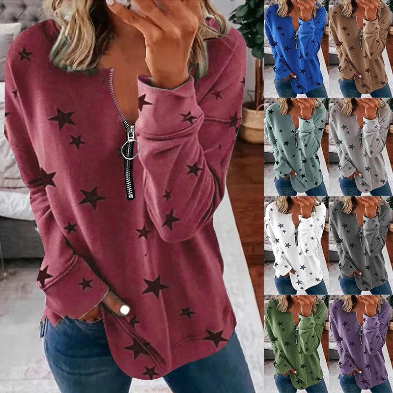 

Women's Versatile Star Print Long Sleeve Zip Pullover Sweatshirt