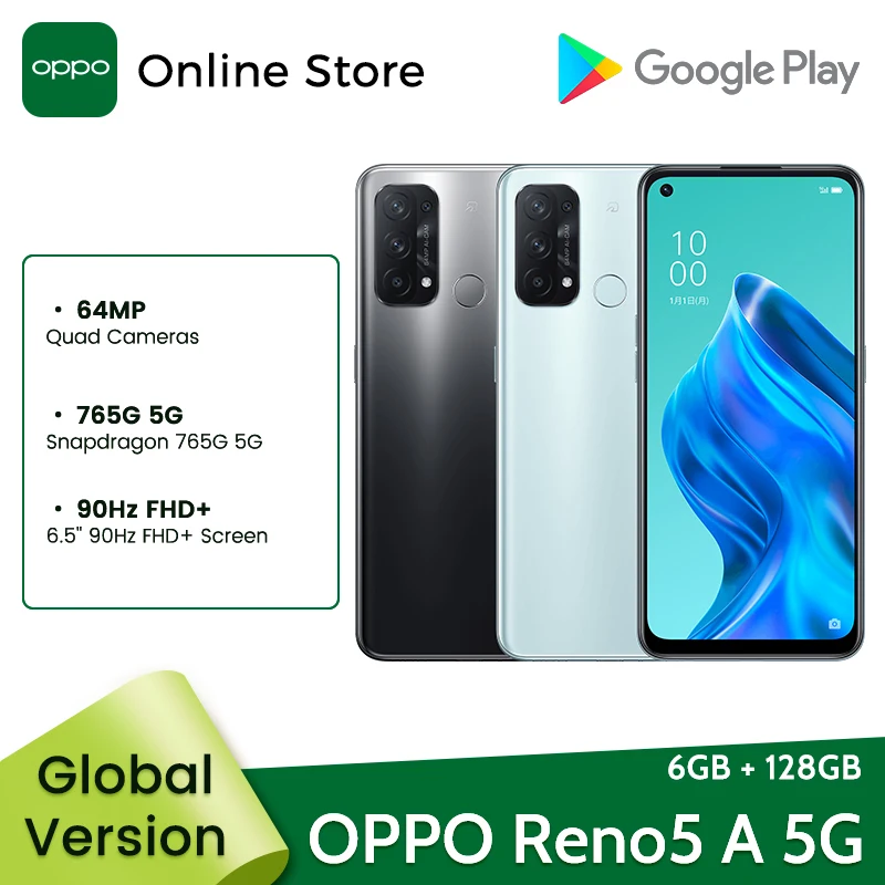 Смартфон OPPO Reno5 A глобальная версия 5G 6 ГБ 128 64 МП четыре камеры Snapdragon 765G 5 дюйма 90 Гц