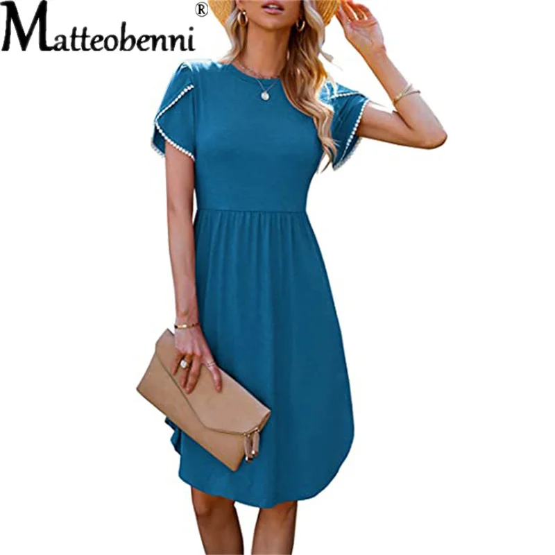 Купи New Women Casual Solid Color Dress Vintage O-Neck Straight Midi Dresses Summer Elegant Short Sleeve Folds Office Loose Dresses за 790 рублей в магазине AliExpress