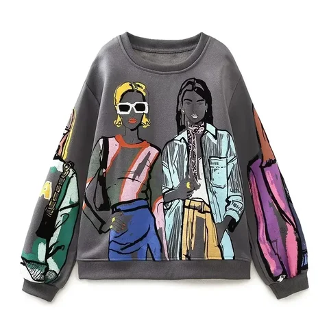 Женский свитшот Sivatu TRAF, модный Повседневный пуловер с красивым принтом для девушек, женские толстовки с круглым вырезом, шикарные пуловеры, топы, 2023