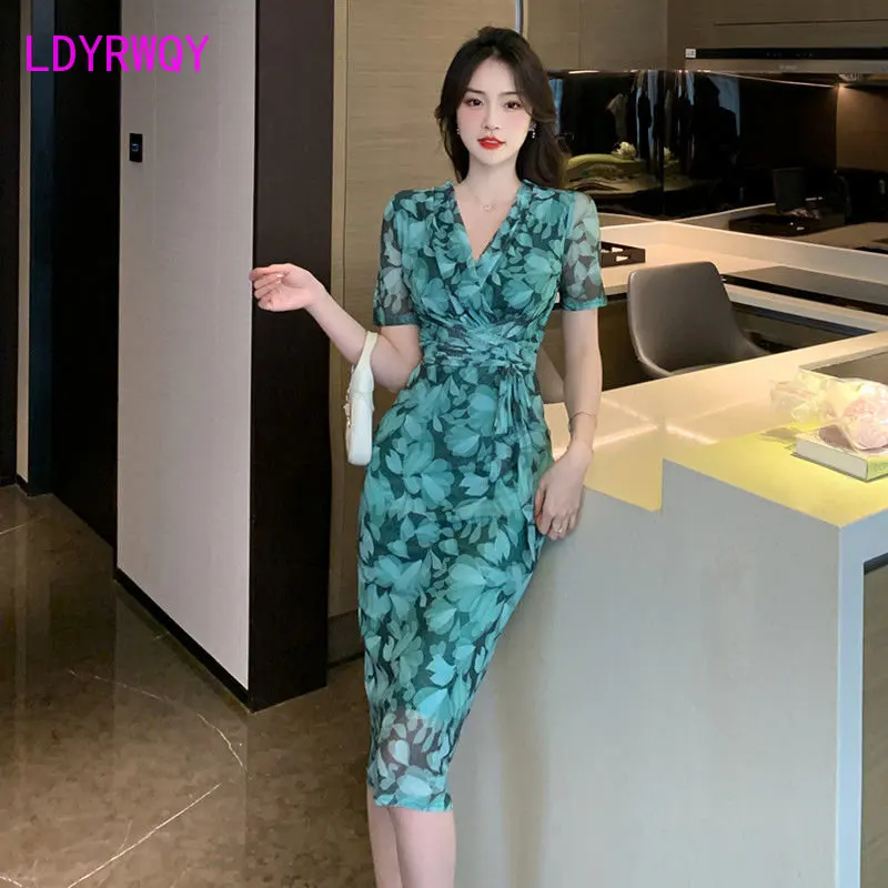 

Floral dress 2023 summer new celebrity temperament Korean mesh covers the hips