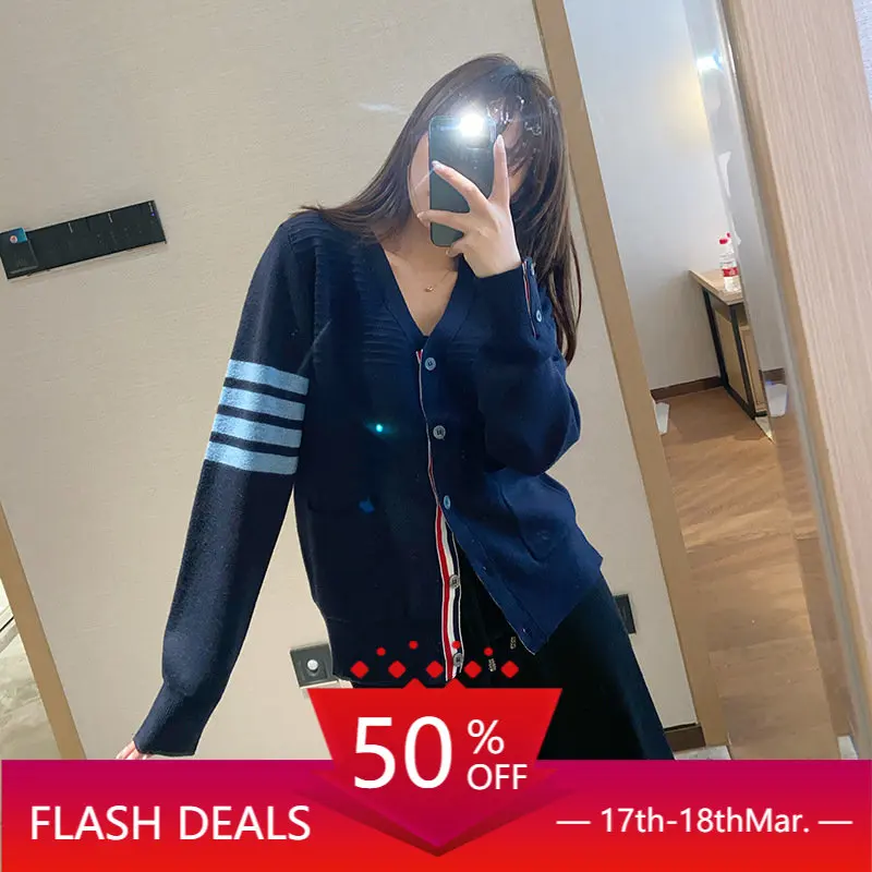 High Quality Korean Style Spring New TB Style Knitted V-neck Cardigan Stripe Loose Long-sleeve Casual Versatile Coat Mesh Red