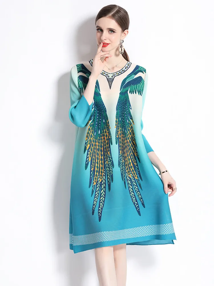 

Женское плиссированное платье-трапеция, повседневное Свободное платье с О-образным вырезом и принтом перьев, лето 2019