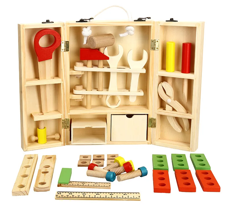 

[Funny] Wooden repair tools Child Carpenter Construction Tool Box Boy Pretend Play mechanic maintenance Model Building Kits Toy