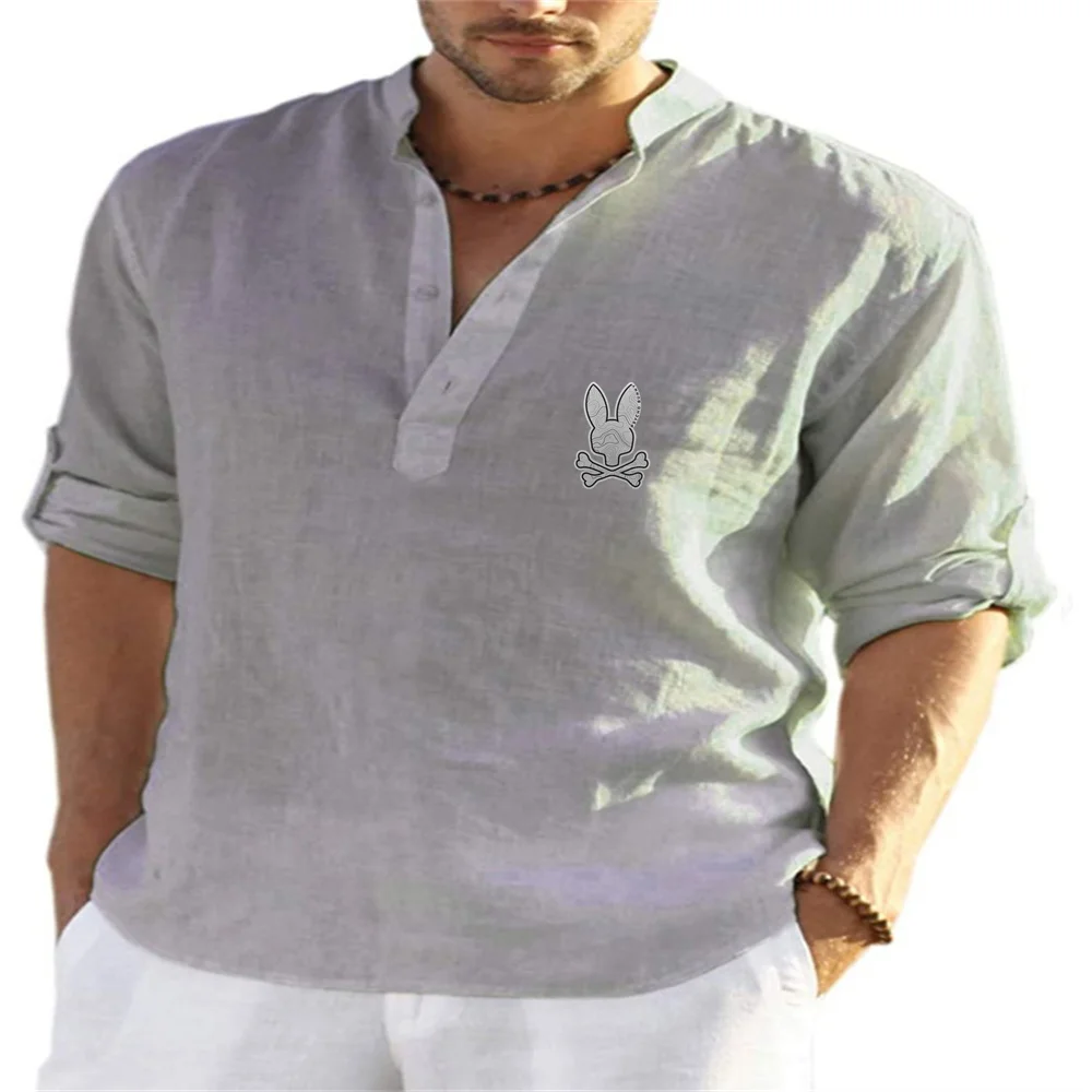 

2023 Men's New Psycho Bunny 1-1 Printed Top, Cotton and Hemp Long Sleeve Polo, Fashion Casual Loose fitting Clothing