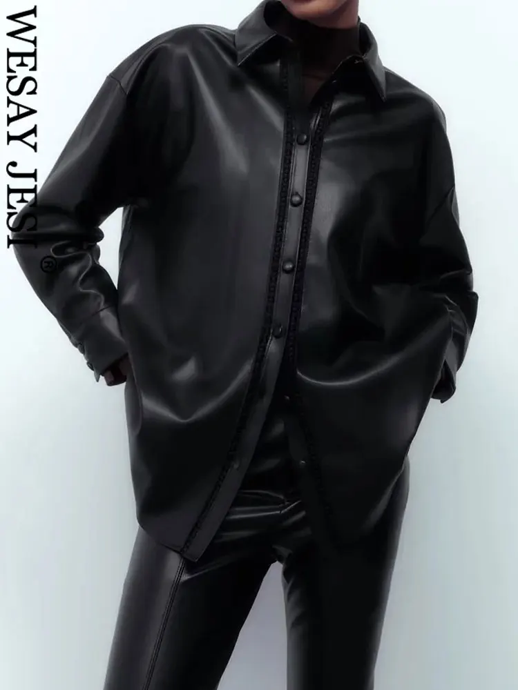 WESAY JESI Womens Fashion Faux Leather Shirt Jacket Single Breasted Lace Trim Long Sleeve Lapel Pu Jacket Coat Female Streetwear
