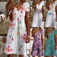 2022 summer new womens printed wavy neck short sleeve midi dress casual commuter party elegant dresses female and lady clothing