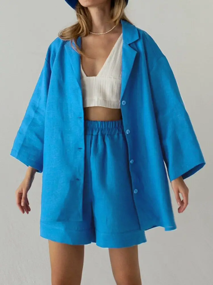 

Shorts Sets Cotton Linen Loose 2 Pieces Notched Thin Shirt Summer Elastic Waist Wide Shorts Women Suits