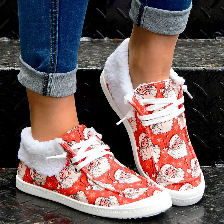 Christmas Canvas Shoes for Women Winter Warm Plush Lace Up Casual Flat Sneakers Fashion Outdoor Sport Ladies Vulcanized Shoes