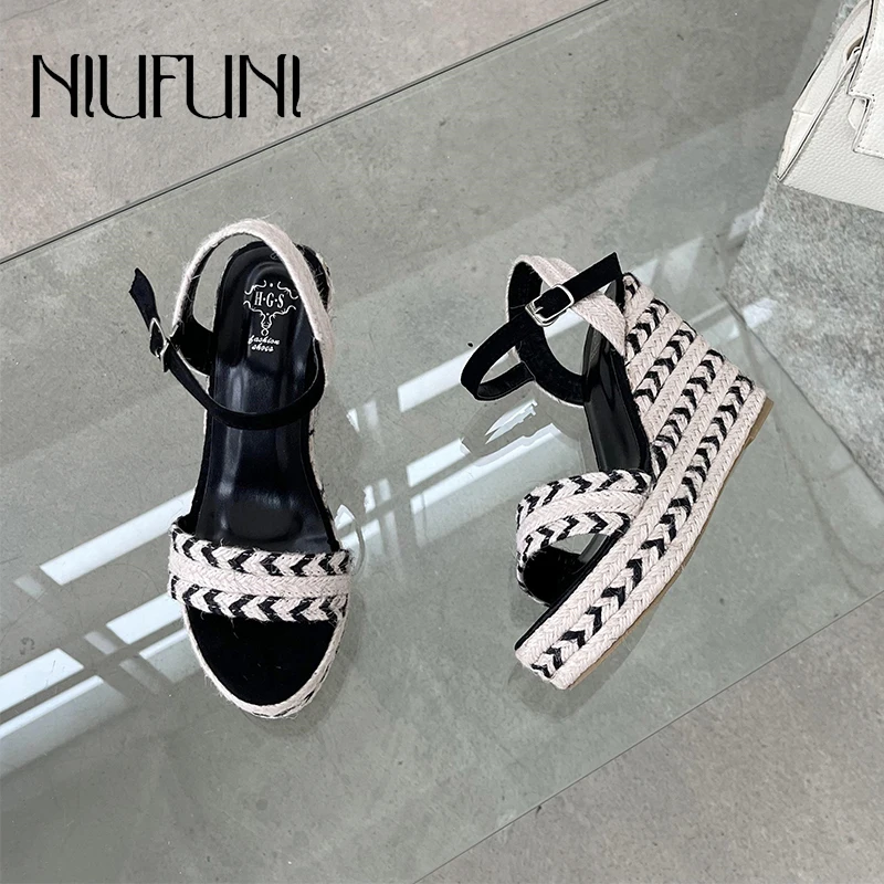 

Platform Wedges Peep Toe Rattan Grass Women's Sandals Woven Hemp Rope Slingback Buckle Mixed Color Gladiator Shoes High Heels