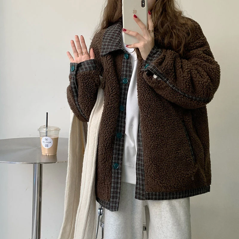 Vintage Stitching Lamb Fur Women's Coat Loose Fashion Thick Warm Women Cotton Padded Clothes Casual Ladies Winter Outerwear 2022