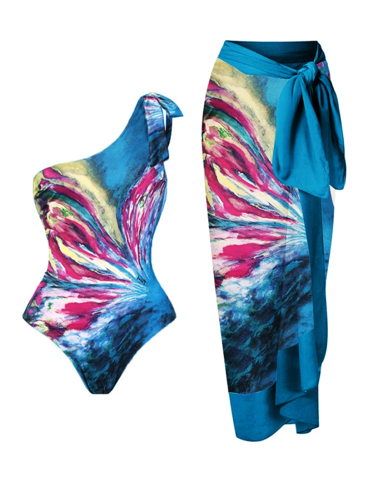 

Women's New Blue Butterfly Print Slanted Shoulder Skinny Stylish Bikini Suit