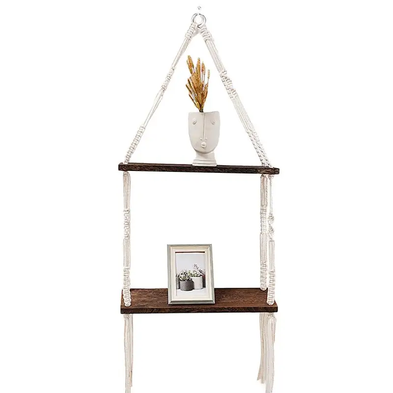 

Macrame Wall Hung Shelf For Decor 2-Tier Rustic Bathroom Shelf Wood Floating Boho Decor Bohemian White Handmade Woven Rope