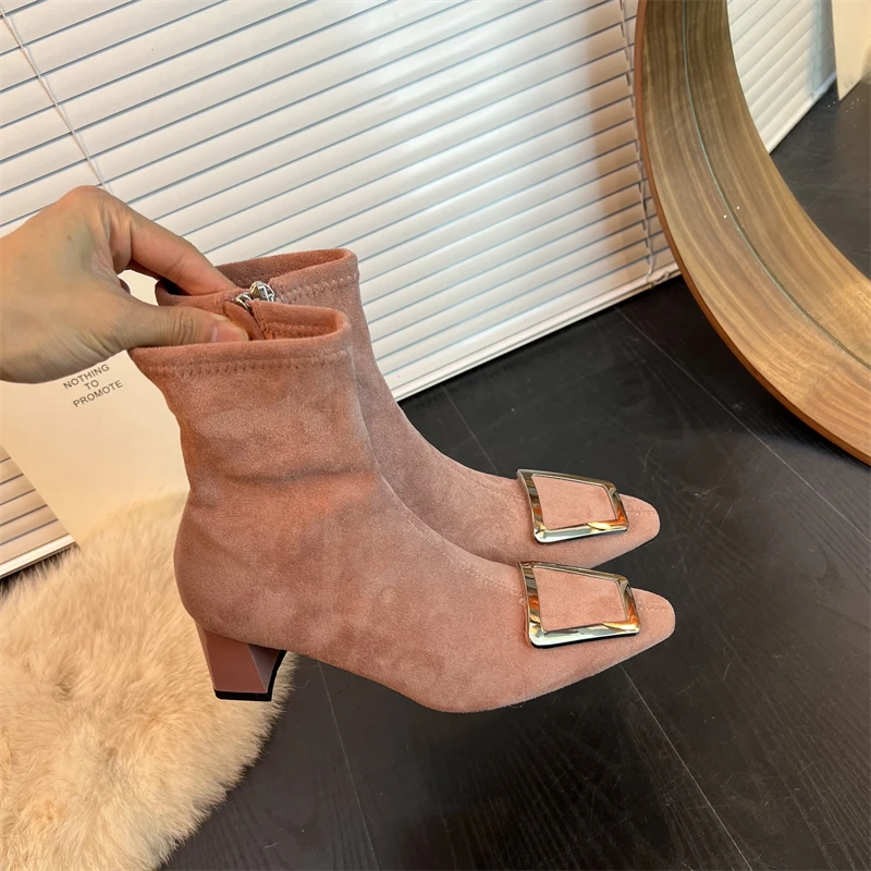 

2023 Winter New Women Anke Boots Cool Metal Chukly High Heels Fashion Pink Zipper Ladies Elegant Short Boots Casual Dress Shoes