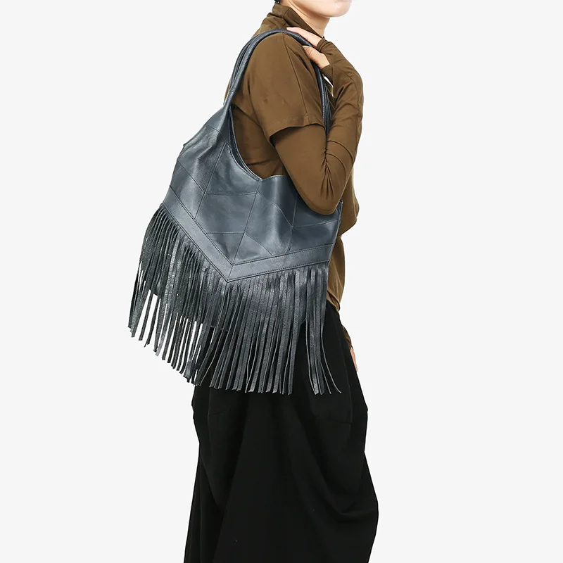 

Женская сумка из натуральной кожи, повседневная Сумочка с верхним слоем из воловьей кожи, с бахромой