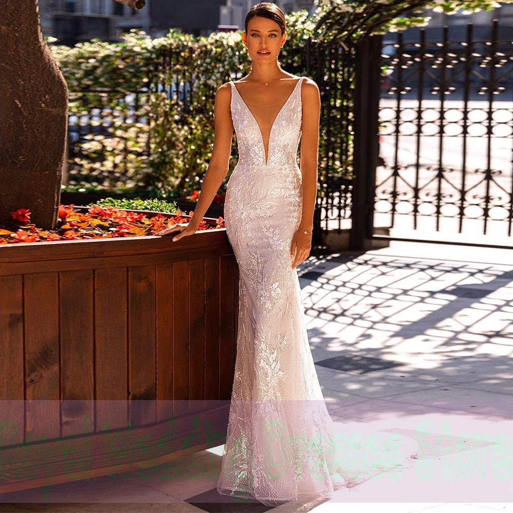 

Fashion Mermaid V-neck Wedding DressesHandmade Flower Print Paillette Satin 2022 Beading Open Back High Quality Gowns Robe De Ma