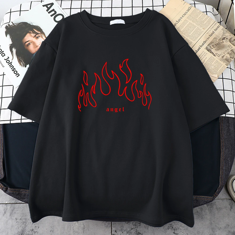 

Angel Red Fire Print Men's and Women's T-shirt Fashion Simple Short Sleeve Retro High Quality Outdoor Pattern Men's Clothing