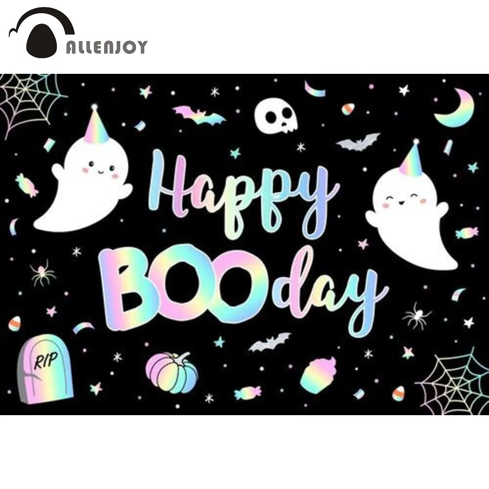 

Allenjoy Black Boo Halloween Backdrop Cute Ghost Booday Happy Birthday Party Decorations Banner Photo Booth Photography Supplies