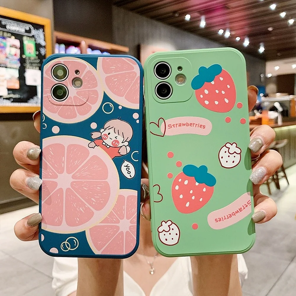 

New Cute Strawberry Case for iPhone 13 12 11 Pro Max Mini XR XS X 7 8 Plus SE Women Silicone Soft Shell Shockproof iPhone Case
