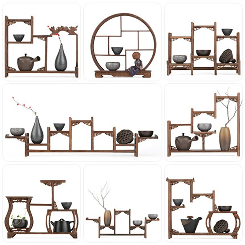 Multi-function Kung Fu Tea Pot Crafts Display Holder Shelves Vase Cup Wood Carving Stand Base Home Teahouse Household Decoration