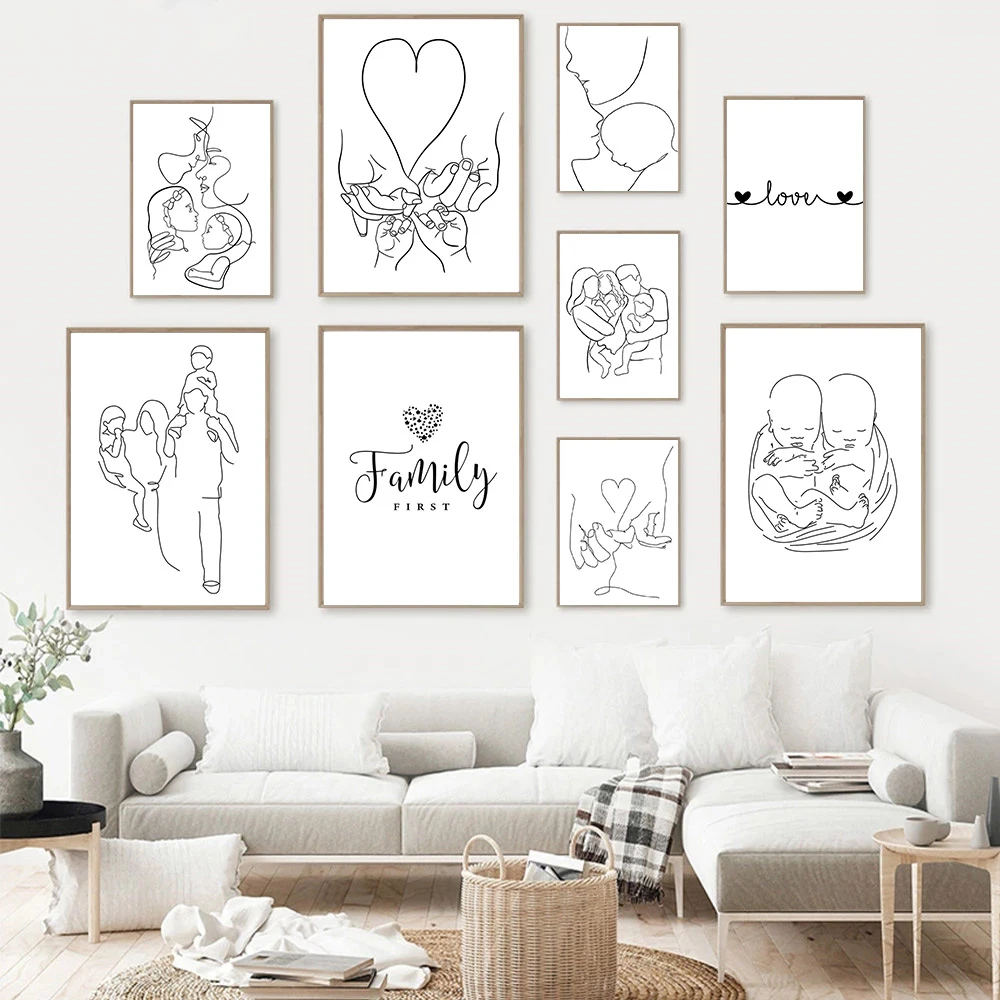 

Постеры Kiss Hand, семейный портрет, абстрактная линия, рисунок, принт, Папа, мама, сын, дочь, настенная живопись, картины на холсте, домашний деко...