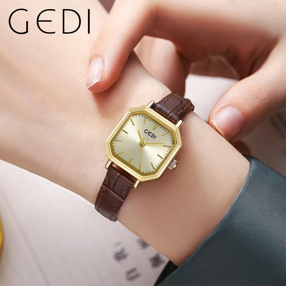 GEDI New Square Women Watch Luxury Business Waterproof Quartz Analog Ladies Watch Leather Strap Fashion Casual Female Wristwatch