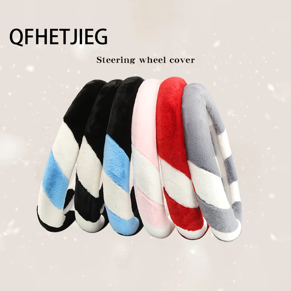 

QFHETJIEG Winter Car Steering Wheel Cover 38CM Fashion Contrast Color Plush Car Handle Cover Universal Non-slip Inner Ring