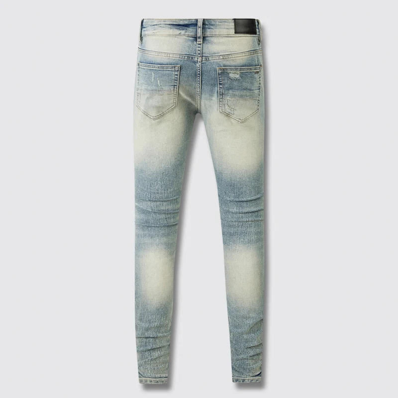 High Street Fashion Men Jeans Retro Washed Elastic Stretch Skinny Ripped Jeans Men Paisley Patched Designer Hip Hop Brand Pants