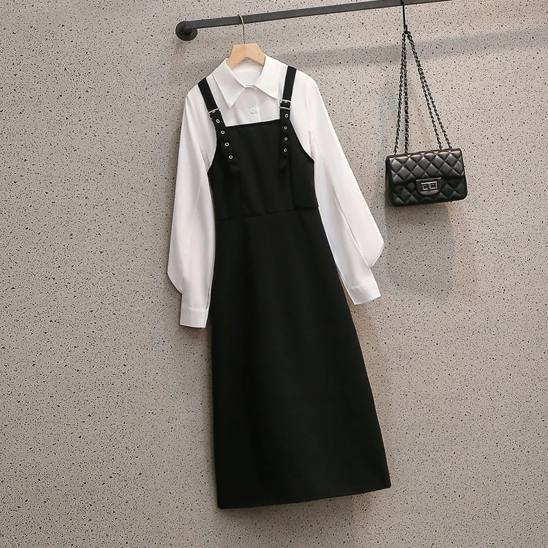 

Women Spring Autumn Dresses Two Piece Sets Korean Casual Black Straps Dresses And Chiffon Shirt Cardigan Suits Outfit 2022