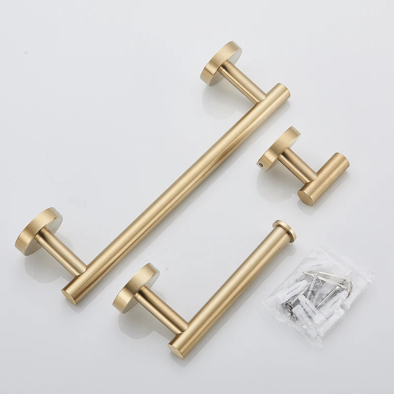 

Brushed Gold Round Bathroom Accessories Set 304 Stainless Steel Bathroom Towel Bar Toilet Paper Holder with Hooks Kit