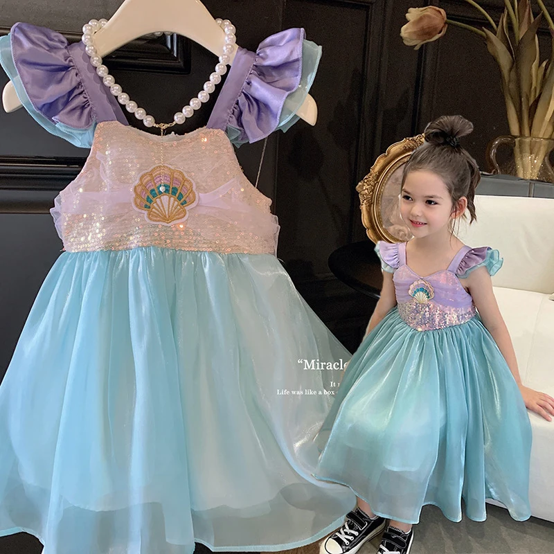 Летнее Платье Принцессы Ариэль Для Девочек В Корейском Стиле С Летящими Рукавами