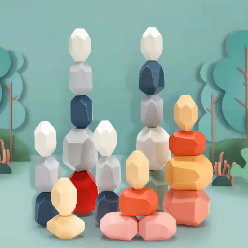 

36 PCs Wooden Sorting Stacking Balancing Stone Rocks Educational Preschool Learning Toys Building Blocks Puzzle for Kids 3+ Year