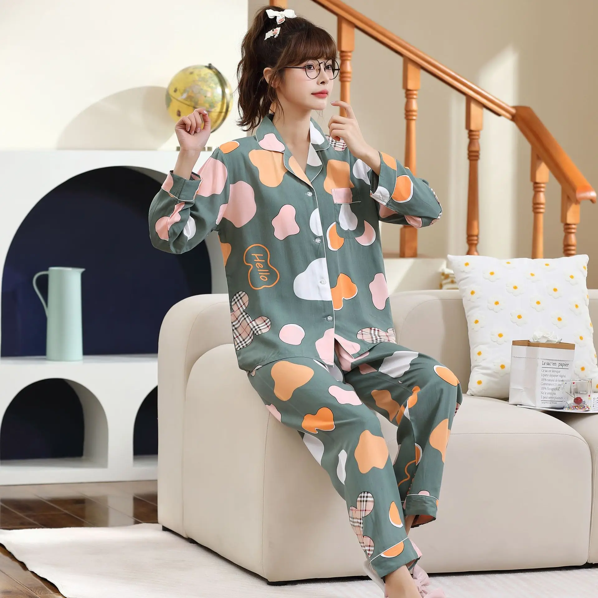 Pajamas Spring and Autumn Cotton Long Sleeve New Lapel Loose Thin Women's Home Wear Two-Piece Suit
