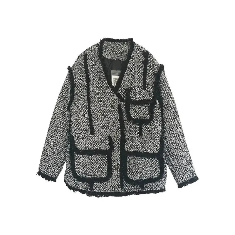 Женские твидовые куртки MEXZT винтажные черные толстые пальто в стиле пэчворк