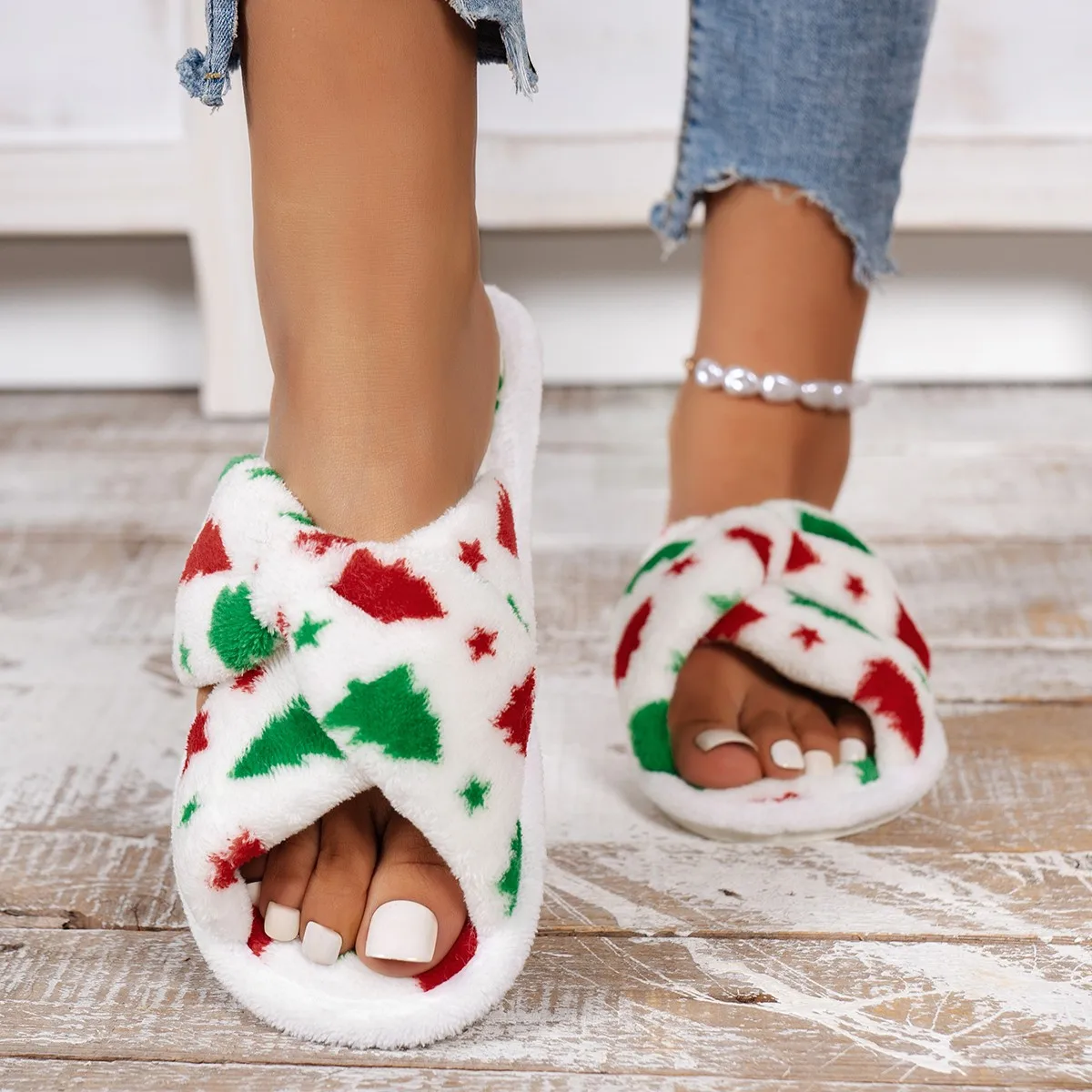 Fashion Cotton Slippers Lady One Word Open Toe Slippers Winter Home Non-slip Warm Cute Indoor Home Floor Fur Christmas Slippers