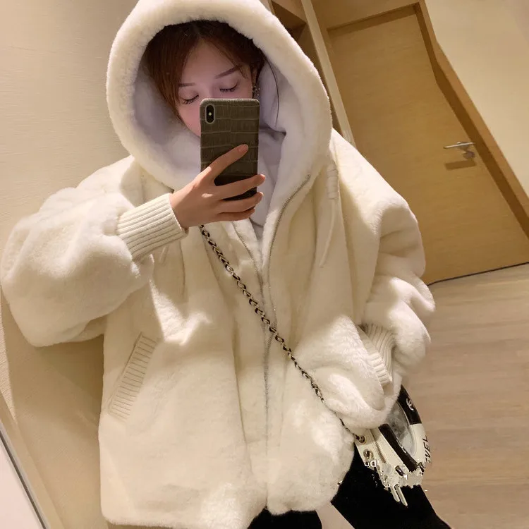 Fall Winter 2022 Lamb Fur Grass Plush Jacket Female Young Midi Faux Otter Rabbit Hair Hooded Loose Coat Hooded Clothes Top