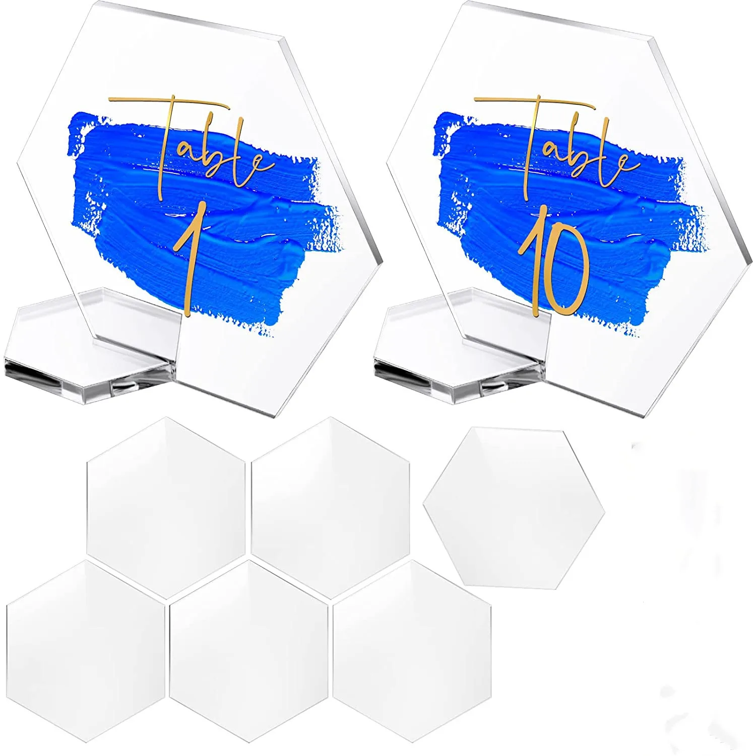 

Hot 20pcs/set Acrylic Blank Hexagon Table Stand DIY Digital Signage with Base Wedding Table Party Table Card Diameter 8cm 10cm