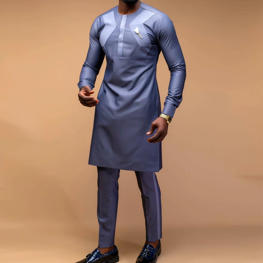 African Men Clothes Set Summer 2 Piece Outfit Printed Long-sleeved Top Trousers National Traditional Clothing Business Man Suit