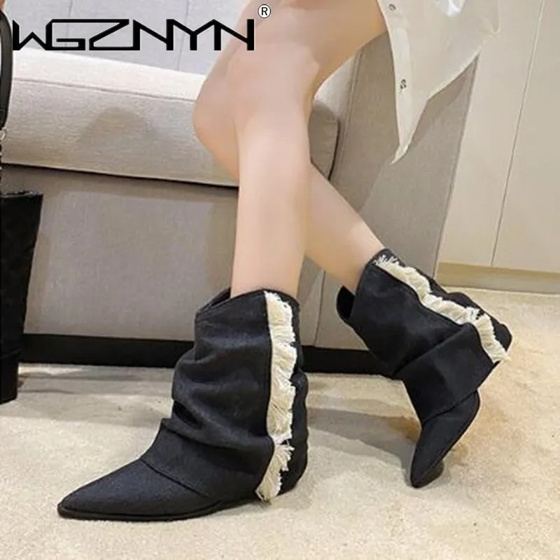 

2024 Women Cowboy Ankle Chelsea Boots Winter Designer New Mid Heels Shoes Chunky Motorcycle Boots Pointed Toe Goth Pumps Botas