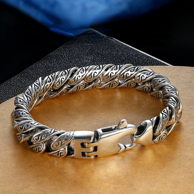 

New 2023 Vintage Tang Grass Pattern Bracelet Men's Hip-hop Punk Opening Silver Color Bracelet Banquet Jewelry Accessories Gift