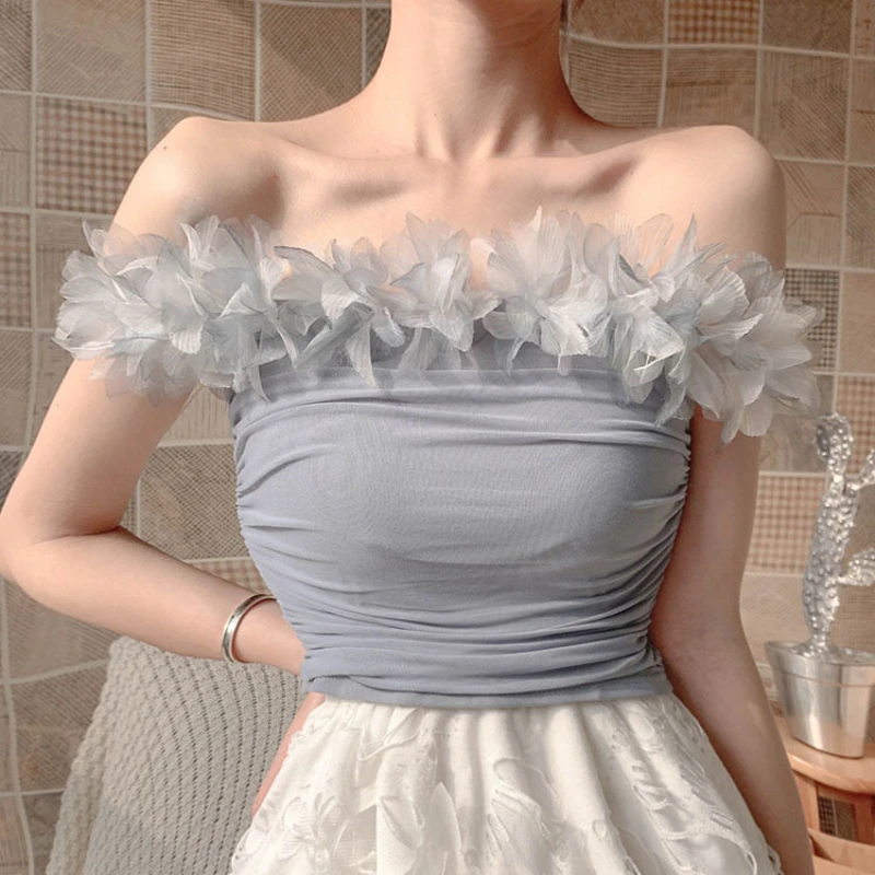 

Chic 3D Flowers Slash Neck Slim Sexy Tube Top Corset Lace Spliced Shirts Petals Camisoles Vest High Waist Gothic Tank Mesh Tops