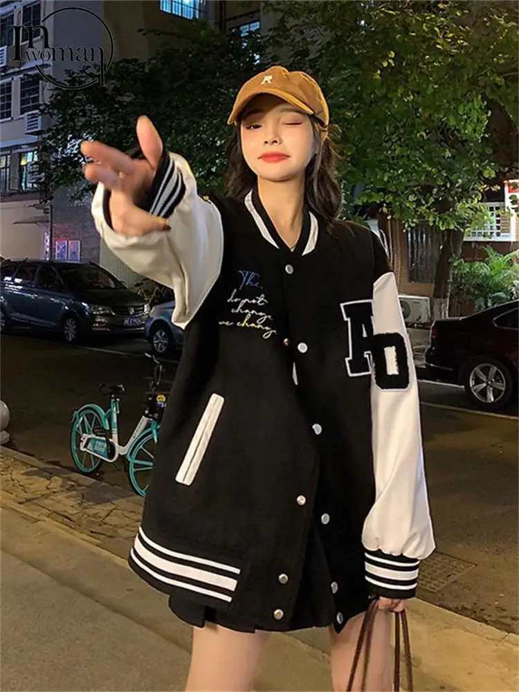 

Inwoman Autumn Letter Patchwork Varsity Jacket Casual Outfit For Women 2022 Long Sleeve Button Up Baseball Jacket Female Coat