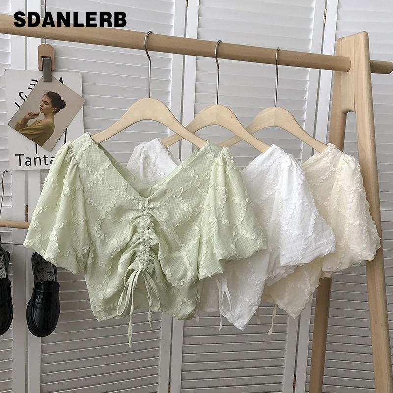 

Short Puff Sleeve Drawstring Lace V-neck Shirt Female 2022 Summer Korean Style Blusas De Mujer Temperament Versatile Short Top