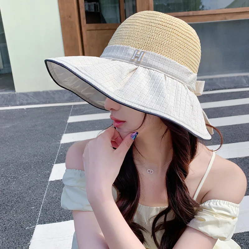 

Шляпа от солнца в Корейском стиле женская, стандартная пластиковая сетчатая дышащая шапка от солнца в клетку с большими полями и алмазными буквами, для летнего сезона