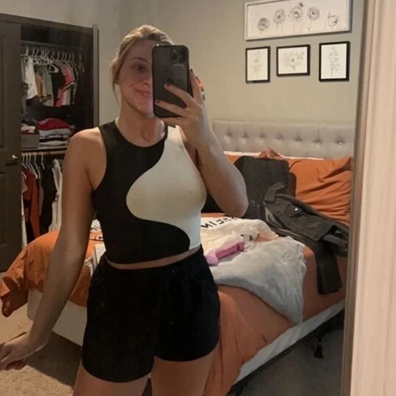 

Women's Ribbed Knit Tank Tops Patchwork Tank Tops Sleeveless O-neck Crop Vest T Shirt Sexy Crop Tank Tops Casual Streetwear