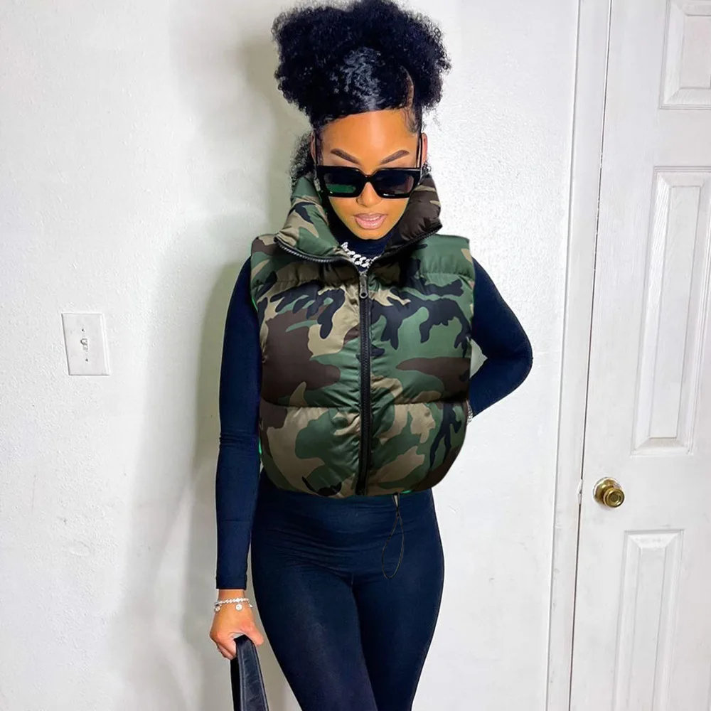 

Streetwear Camouflage Quilted Coat Women Winter 2023 Fashion Stand Collar Sleeveless Vest Drawstring Puffer Jacket Hunting
